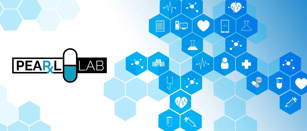 Pearl lab logo with several icons within hexagonal shapes in a pattern.